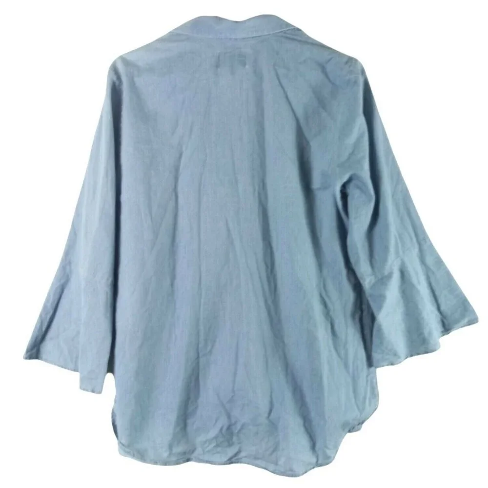 GH Bass & Co. Womens Cotton Knit Blouse Rope Lace Up 3/4 Bell Sleeve Blue Large - Picture 2 of 6